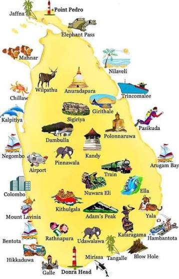 Illustrated map of Sri Lanka showing popular travel regions and destinations