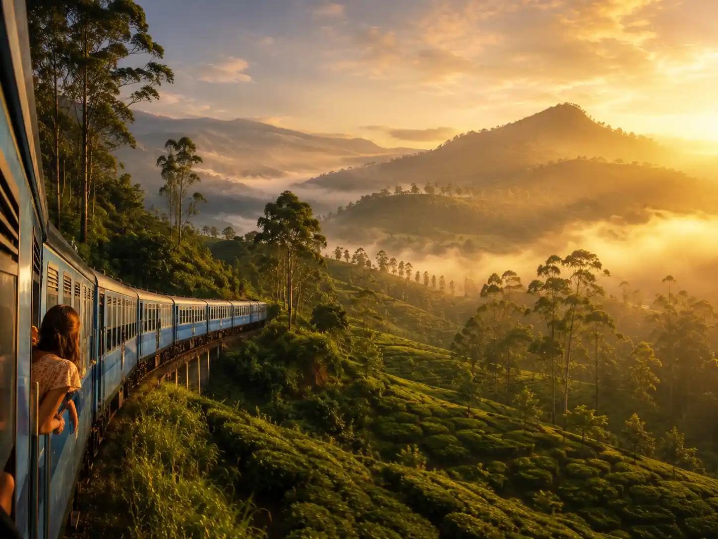 Scenic Sri Lanka hill country with mountains, tea plantations, and waterfalls